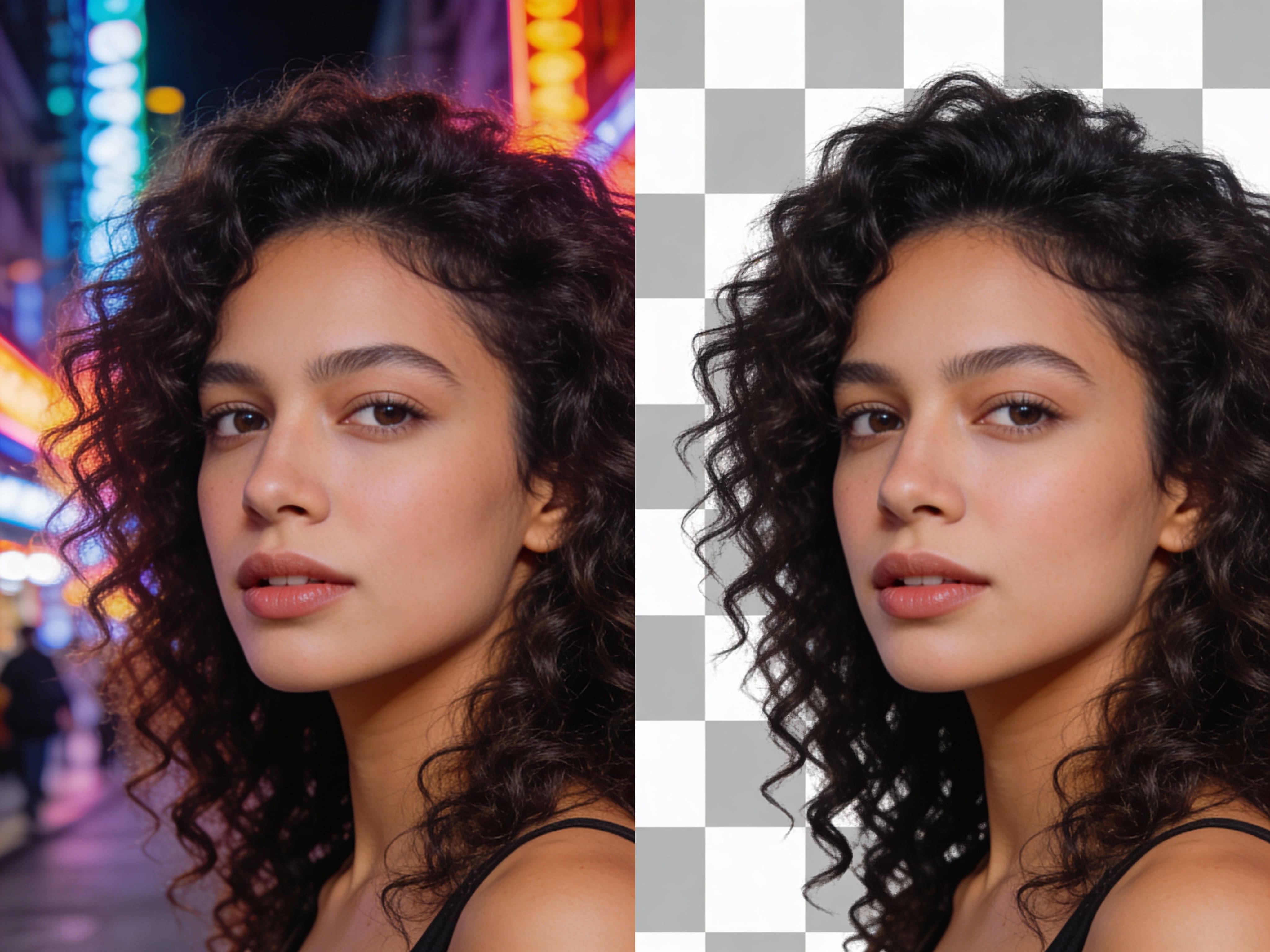 Luckiss AI smart cutout: Precision background removal showing detailed hair strands on a model.
