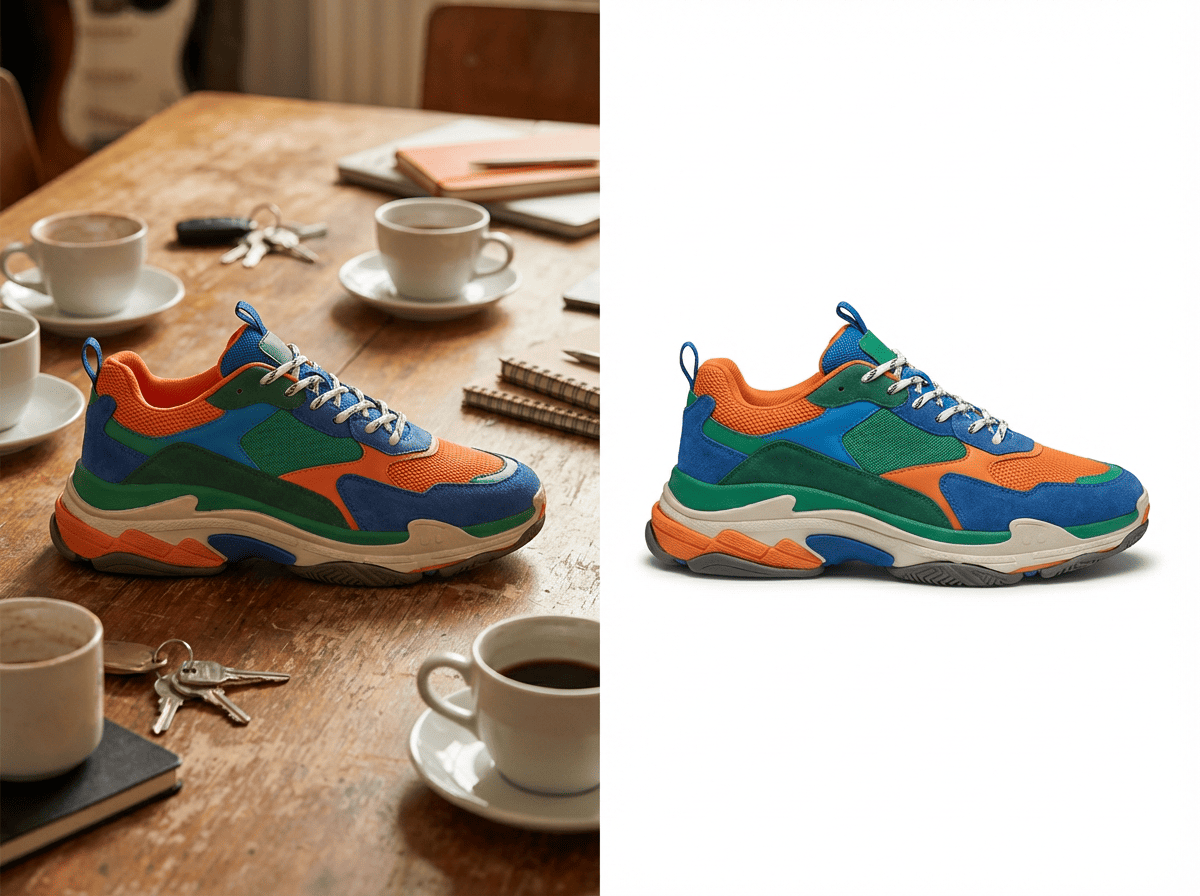 Luckiss AI e-commerce tool: Converting a sneaker photo to a compliant white background for Amazon.