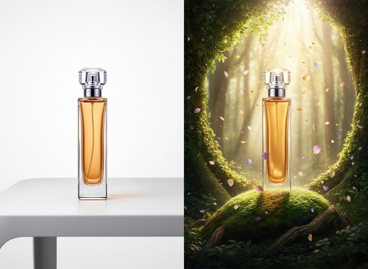 Luckiss AI scene generator: Placing a perfume bottle on a generated marble podium with realistic shadows.