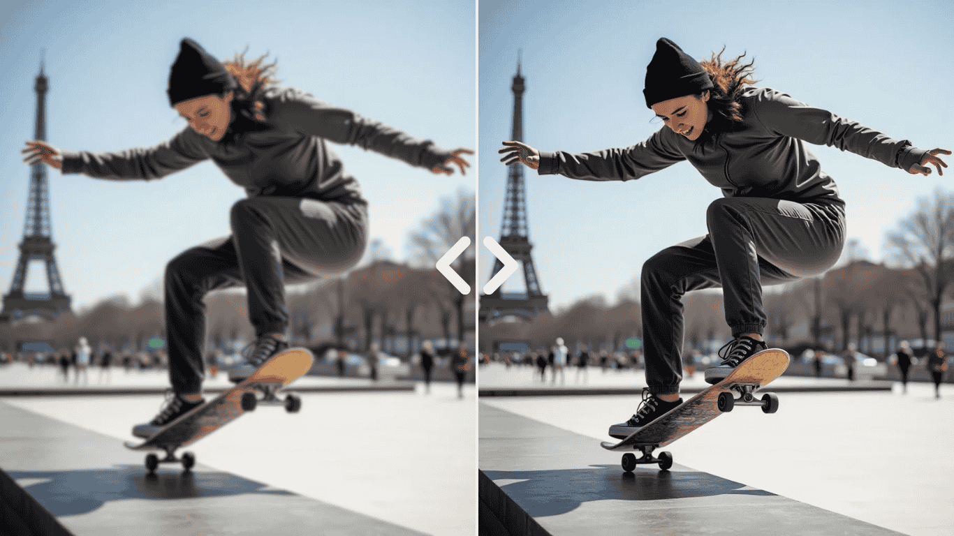 Side by side comparison of a blurry image vs an 8k ai upscaled image.