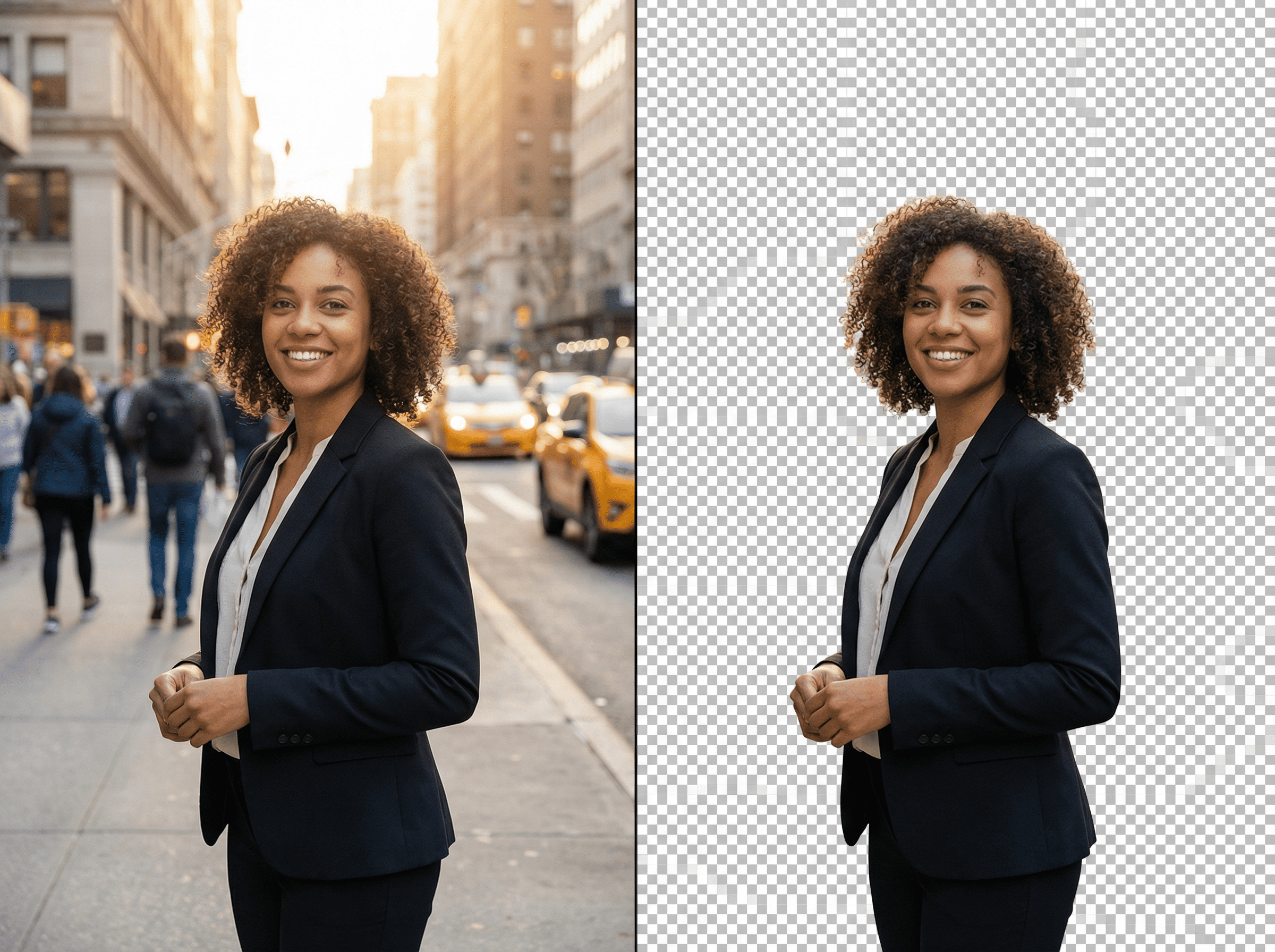 Luckiss AI smart cutout: Precision background removal showing detailed edge detection on a model.