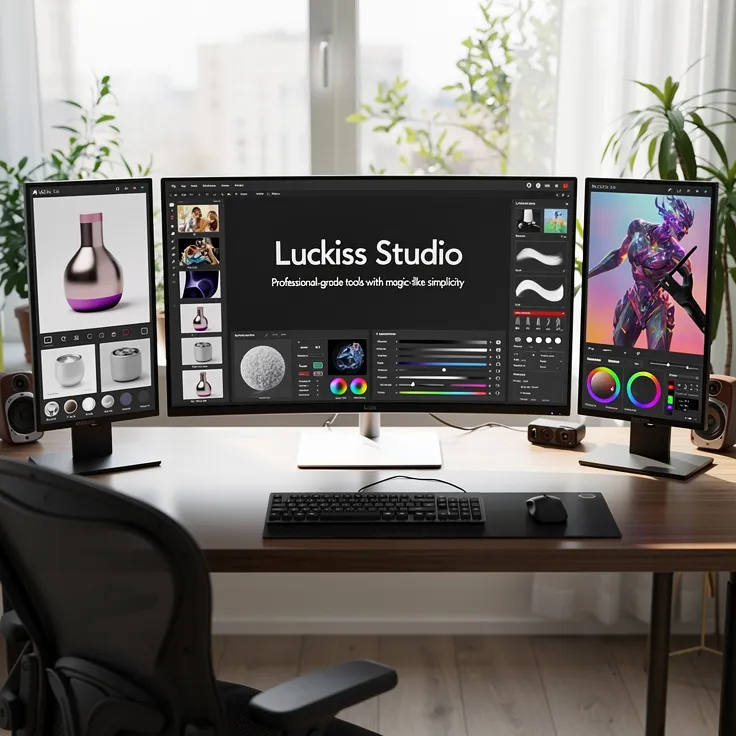 Luckiss AI Creative Studio interface: A professional magic photo editor for high-end image processing.